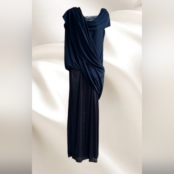 Patra Women's Sheer Embroidered Neckline Maxi Dress Navy Blue - Picture 4 of 6